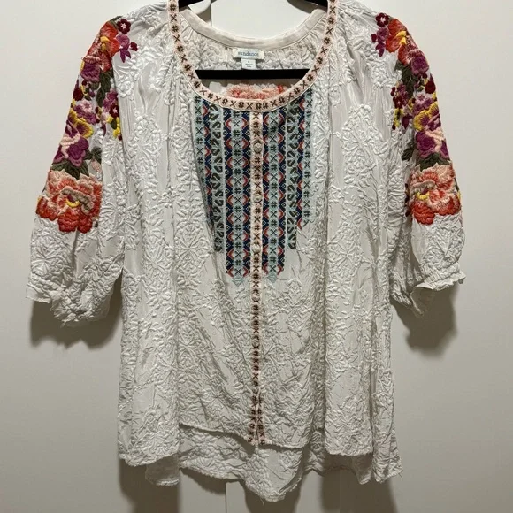 Sundance Melody Peasant Floral Embroidered Blouse Johnny Boho Lace Popover Top - Picture 2 of 12